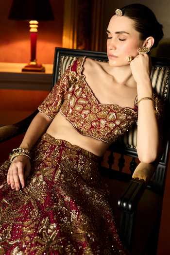 Shop MATSYA Red Silk, Tulle Sweetheart Neck The Vintage Tuscan Heritage Bridal Lehenga Set Online at Aza Fashions Shop_MATSYA_Red Silk, Tulle Sweetheart Neck The Vintage Tuscan Heritage Bridal Lehenga Set _Online_at_Aza_Fashions