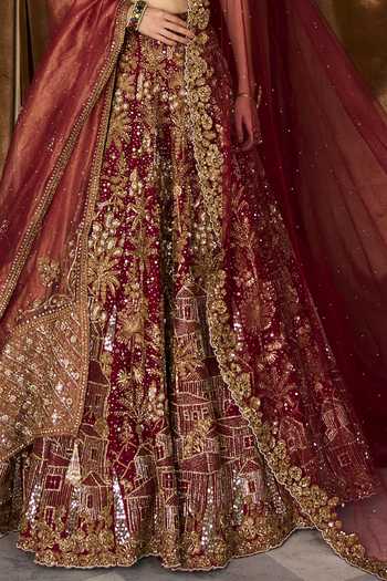 Buy MATSYA Red Silk, Tulle Sweetheart Neck The Vintage Tuscan Heritage Bridal Lehenga Set Buy_MATSYA_Red Silk, Tulle Sweetheart Neck The Vintage Tuscan Heritage Bridal Lehenga Set