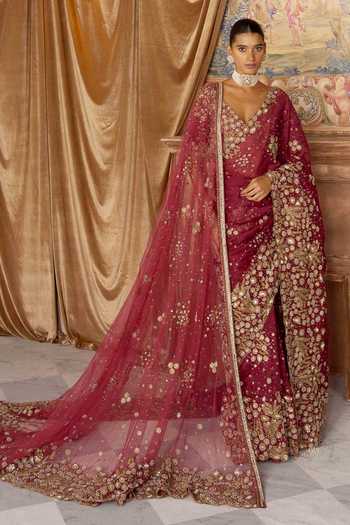 Buy MATSYA Orange Tulle V-neck The Mashaal Embroidered Saree With Blouse Online at Aza Fashions Buy_MATSYA_Orange Tulle V-neck The Mashaal Embroidered Saree With Blouse _Online_at_Aza_Fashions