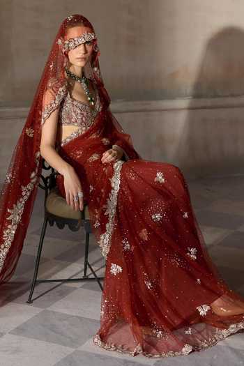 Shop MATSYA Orange Tulle V-neck The Mashaal Embroidered Saree With Blouse Online at Aza Fashions Shop_MATSYA_Orange Tulle V-neck The Mashaal Embroidered Saree With Blouse _Online_at_Aza_Fashions