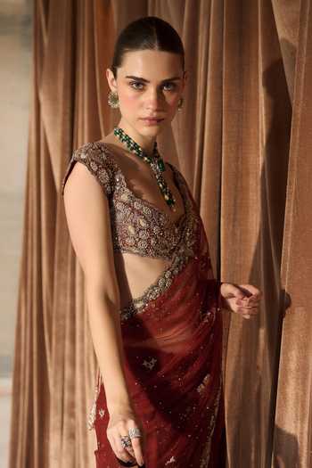 MATSYA Orange Tulle V-neck The Mashaal Embroidered Saree With Blouse at Aza Fashions MATSYA_Orange Tulle V-neck The Mashaal Embroidered Saree With Blouse _at_Aza_Fashions