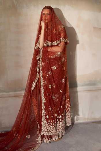 Buy MATSYA Orange Tulle V-neck The Mashaal Embroidered Saree With Blouse Buy_MATSYA_Orange Tulle V-neck The Mashaal Embroidered Saree With Blouse