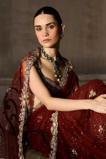 Shop MATSYA Orange Tulle V-neck The Mashaal Embroidered Saree With Blouse Shop_MATSYA_Orange Tulle V-neck The Mashaal Embroidered Saree With Blouse