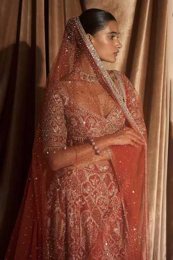 Shop MATSYA Rust Silk Sweetheart Neck Vintage Matsya Palace Bridal Lehenga Set Online at Aza Fashions Shop_MATSYA_Rust Silk Sweetheart Neck Vintage Matsya Palace Bridal Lehenga Set _Online_at_Aza_Fashions