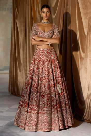 MATSYA Rust Silk Sweetheart Neck Vintage Matsya Palace Bridal Lehenga Set at Aza Fashions MATSYA_Rust Silk Sweetheart Neck Vintage Matsya Palace Bridal Lehenga Set _at_Aza_Fashions