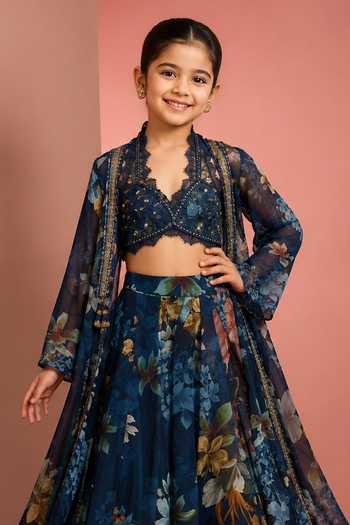 Neha Khullar Blue Organza, Crepe, Viscose Printed Jacket Sharara Set Online at Aza Fashions Neha Khullar_Blue Organza, Crepe, Viscose Printed Jacket Sharara Set _Online_at_Aza_Fashions