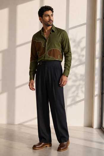 ROHIT DOSHI Olive Green Cotton, Oxford The Above Shirt Online at Aza Fashions ROHIT DOSHI_Olive Green Cotton, Oxford The Above Shirt _Online_at_Aza_Fashions