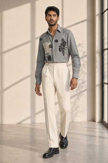 Shop_ROHIT DOSHI_Grey Polyester Rafu Embroidered Shirt _Online_at_Aza_Fashions