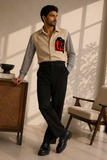 ROHIT DOSHI Beige Polyester Rage Patch Shirt Online at Aza Fashions ROHIT DOSHI_Beige Polyester Rage Patch Shirt _Online_at_Aza_Fashions