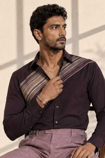 ROHIT DOSHI Maroon Perpendicular Stripes Shirt Online at Aza Fashions ROHIT DOSHI_Maroon Perpendicular Stripes Shirt _Online_at_Aza_Fashions
