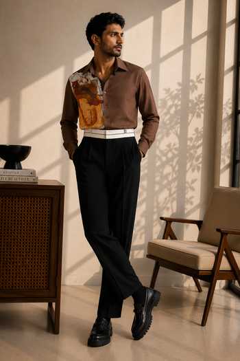 Shop_ROHIT DOSHI_Brown Polyester Work Of Art Shirt _Online_at_Aza_Fashions
