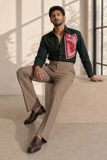 Shop_ROHIT DOSHI_Green Polyester Wrynk Patch Pattern Shirt _Online_at_Aza_Fashions