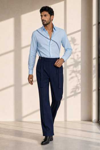 ROHIT DOSHI_Sky Blue Polyester 7-3 Placed Stripe Pattern Shirt _Online_at_Aza_Fashions