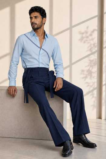 Buy_ROHIT DOSHI_Sky Blue Polyester 7-3 Placed Stripe Pattern Shirt _Online_at_Aza_Fashions