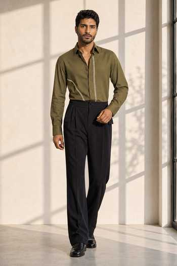ROHIT DOSHI Olive Green Polyester 7-4 Placed Stripe Pattern Shirt Online at Aza Fashions ROHIT DOSHI_Olive Green Polyester 7-4 Placed Stripe Pattern Shirt _Online_at_Aza_Fashions