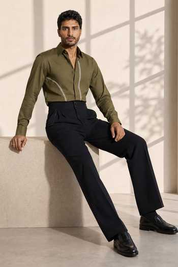Buy ROHIT DOSHI Olive Green Polyester 7-4 Placed Stripe Pattern Shirt Online at Aza Fashions Buy_ROHIT DOSHI_Olive Green Polyester 7-4 Placed Stripe Pattern Shirt _Online_at_Aza_Fashions