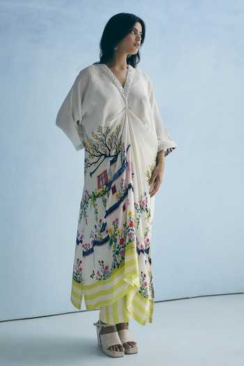 Shop_Meher By Islie_Ivory Crepe V-neck Hand Embellished Kaftan And Pant Set _Online_at_Aza_Fashions