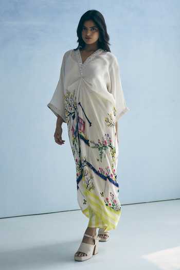 Meher By Islie_Ivory Crepe V-neck Hand Embellished Kaftan And Pant Set _at_Aza_Fashions