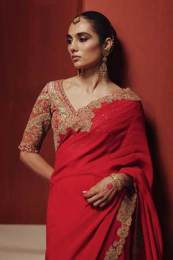Dolly J Red Chiffon, Silk V-neck Opaline Saree With Embroidered Blouse Online at Aza Fashions Dolly J_Red Chiffon, Silk V-neck Opaline Saree With Embroidered Blouse _Online_at_Aza_Fashions
