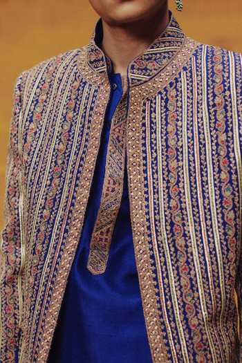 Buy Dolly J Blue Silk, Dupion Embroidery, Gota Patti The Royal Drift Bandhgala Set Online at Aza Fashions Buy_Dolly J_Blue Silk, Dupion Embroidery, Gota Patti The Royal Drift Bandhgala Set _Online_at_Aza_Fashions