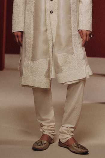 Dolly J_White Silk, Cotton, Dupion The Moonlit Pearl Embroidered Sherwani Set _Online_at_Aza_Fashions