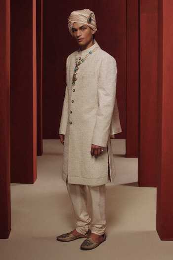 Buy_Dolly J_White Silk, Cotton, Dupion The Moonlit Pearl Embroidered Sherwani Set _Online_at_Aza_Fashions