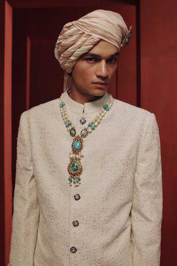 Shop_Dolly J_White Silk, Cotton, Dupion The Moonlit Pearl Embroidered Sherwani Set _Online_at_Aza_Fashions