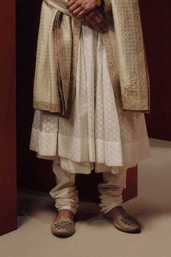 Dolly J Gold Silk, Chanderi, Cotton, The Celestial Creme Embroidered Sherwani Set Online at Aza Fashions Dolly J_Gold Silk, Chanderi, Cotton, The Celestial Creme Embroidered Sherwani Set _Online_at_Aza_Fashions