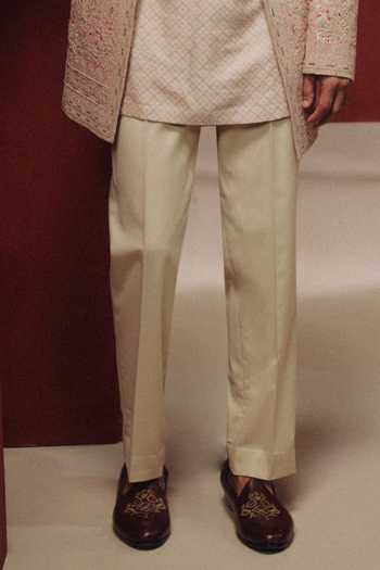Dolly J_Rose Gold Silk, Jacquard Embroidery, Pearls The Mirage Open Bandhgala Set _Online_at_Aza_Fashions