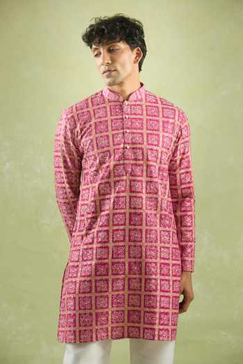 Buy Arihant Rai Sinha Pink Cotton, Silk Sequins, Embroidery Bandhani Print Kurta Set at Aza Fashions Buy_Arihant Rai Sinha_Pink Cotton, Silk Sequins, Embroidery Bandhani Print Kurta Set _at_Aza_Fashions