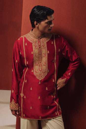Shop Dolly J Red Silk The Abeer Kashidakari Kurta Set at Aza Fashions Shop_Dolly J_Red Silk The Abeer Kashidakari Kurta Set _at_Aza_Fashions