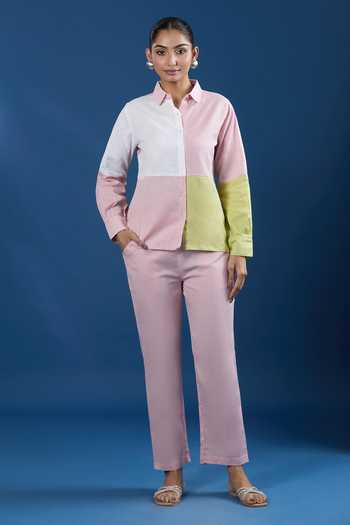 Buy_Naintara Bajaj_Pink Cotton, Linen Collared Color Block Shirt And Pant Set 