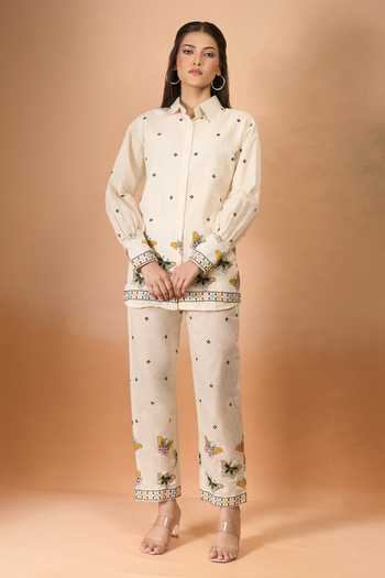 Shop Naintara Bajaj Off White Cotton Embroidery Collared Butterfly Co-ord Set Shop_Naintara Bajaj_Off White Cotton Embroidery Collared Butterfly Co-ord Set