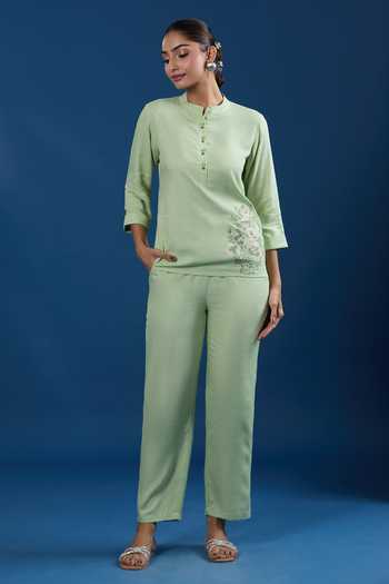 Naintara Bajaj_Green Embroidery Mandarin Collar Pale Liva Viscose Shirt And Pant Set _Online_at_Aza_Fashions