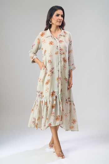 Buy Naintara Bajaj Gray Cotton, Linen Collared Floral Print Frill Hem Dress at Aza Fashions Buy_Naintara Bajaj_Gray Cotton, Linen Collared Floral Print Frill Hem Dress _at_Aza_Fashions