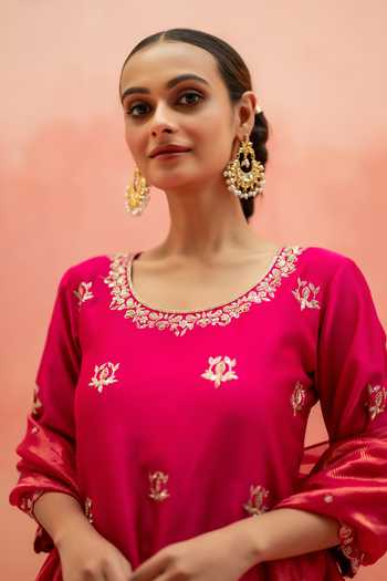 AM by Anita Mittal_Pink Silk Scoop Neck Noor Floral Embroidered Kurta Sharara Set _at_Aza_Fashions