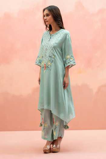AM by Anita Mittal_Blue Muslin Round Neck, Yes Firefly Embroidered Kurta And Pant Co-ord Set _Online_at_Aza_Fashions