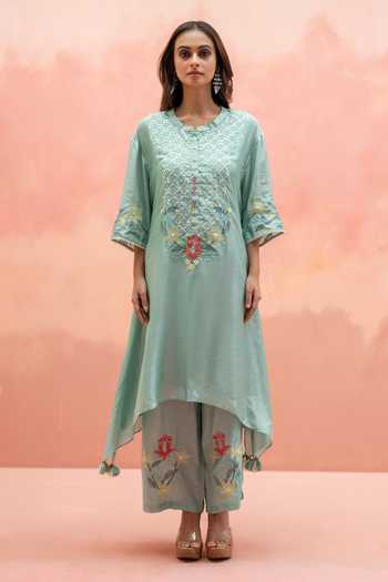 Buy_AM by Anita Mittal_Blue Muslin Round Neck, Yes Firefly Embroidered Kurta And Pant Co-ord Set _Online_at_Aza_Fashions