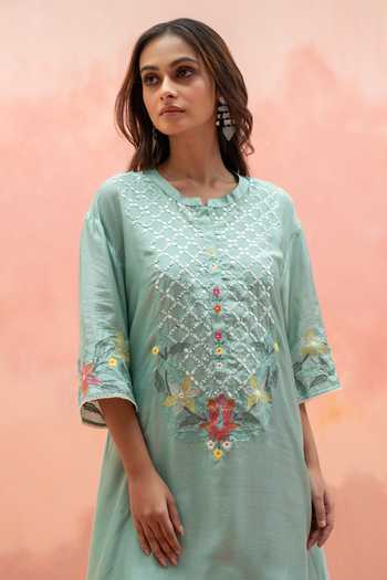 Shop_AM by Anita Mittal_Blue Muslin Round Neck, Yes Firefly Embroidered Kurta And Pant Co-ord Set _Online_at_Aza_Fashions
