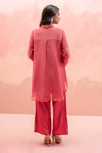 Shop AM By Anita Mittal Pink Chanderi Button-down Neck Twinkle Shirt And Pant Co-ord Set at Aza Fashions Shop_AM By Anita Mittal_Pink Chanderi Button-down Neck Twinkle Shirt And Pant Co-ord Set _at_Aza_Fashions