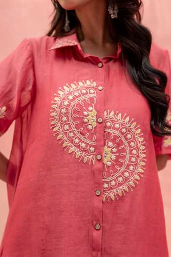 AM By Anita Mittal Pink Chanderi Button-down Neck Twinkle Shirt And Pant Co-ord Set at Aza Fashions AM By Anita Mittal_Pink Chanderi Button-down Neck Twinkle Shirt And Pant Co-ord Set _at_Aza_Fashions