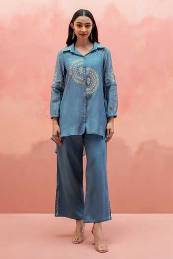 AM by Anita Mittal Blue Chanderi Collared Neck Twinkle Embroidered Shirt And Pant Set Online at Aza Fashions AM by Anita Mittal_Blue Chanderi Collared Neck Twinkle Embroidered Shirt And Pant Set _Online_at_Aza_Fashions