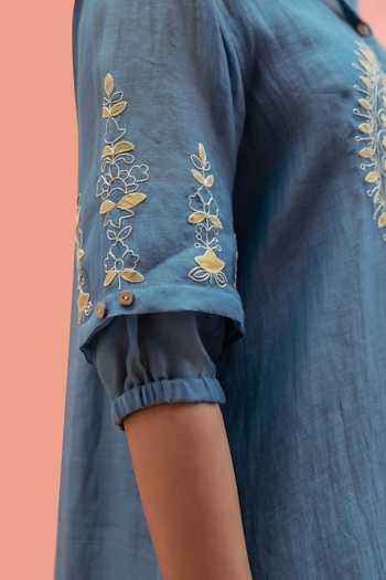 Shop AM by Anita Mittal Blue Chanderi Collared Neck Twinkle Embroidered Shirt And Pant Set Online at Aza Fashions Shop_AM by Anita Mittal_Blue Chanderi Collared Neck Twinkle Embroidered Shirt And Pant Set _Online_at_Aza_Fashions