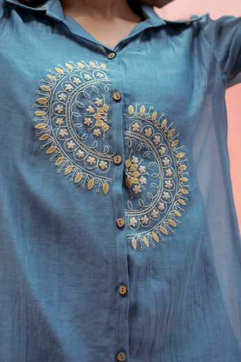 AM by Anita Mittal Blue Chanderi Collared Neck Twinkle Embroidered Shirt And Pant Set at Aza Fashions AM by Anita Mittal_Blue Chanderi Collared Neck Twinkle Embroidered Shirt And Pant Set _at_Aza_Fashions