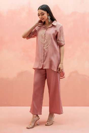 AM by Anita Mittal Pink Chanderi Collared Neck Twinkle Embroidered Shirt Tunic And Pant Set Online at Aza Fashions AM by Anita Mittal_Pink Chanderi Collared Neck Twinkle Embroidered Shirt Tunic And Pant Set _Online_at_Aza_Fashions