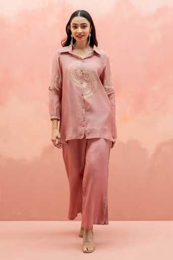 Buy AM by Anita Mittal Pink Chanderi Collared Neck Twinkle Embroidered Shirt Tunic And Pant Set Online at Aza Fashions Buy_AM by Anita Mittal_Pink Chanderi Collared Neck Twinkle Embroidered Shirt Tunic And Pant Set _Online_at_Aza_Fashions