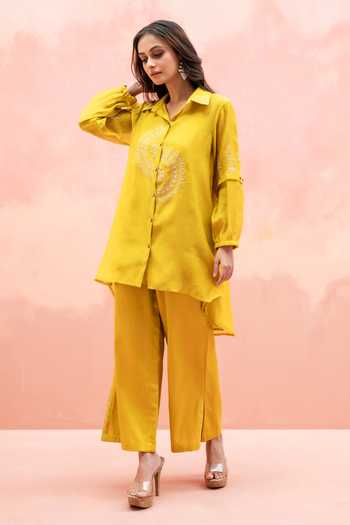 AM by Anita Mittal Yellow Chanderi Collared Neck Twinkle High-low Shirt And Pant Set Online at Aza Fashions AM by Anita Mittal_Yellow Chanderi Collared Neck Twinkle High-low Shirt And Pant Set _Online_at_Aza_Fashions