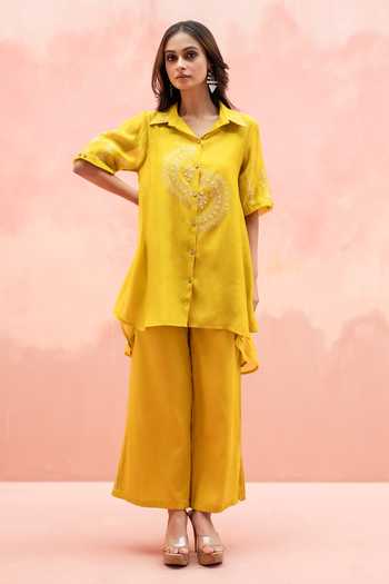 Buy AM by Anita Mittal Yellow Chanderi Collared Neck Twinkle High-low Shirt And Pant Set Online at Aza Fashions Buy_AM by Anita Mittal_Yellow Chanderi Collared Neck Twinkle High-low Shirt And Pant Set _Online_at_Aza_Fashions