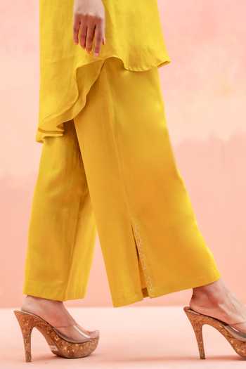 Shop AM by Anita Mittal Yellow Chanderi Collared Neck Twinkle High-low Shirt And Pant Set Online at Aza Fashions Shop_AM by Anita Mittal_Yellow Chanderi Collared Neck Twinkle High-low Shirt And Pant Set _Online_at_Aza_Fashions