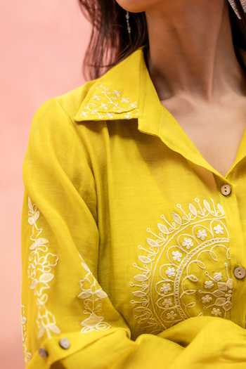 AM by Anita Mittal Yellow Chanderi Collared Neck Twinkle High-low Shirt And Pant Set at Aza Fashions AM by Anita Mittal_Yellow Chanderi Collared Neck Twinkle High-low Shirt And Pant Set _at_Aza_Fashions